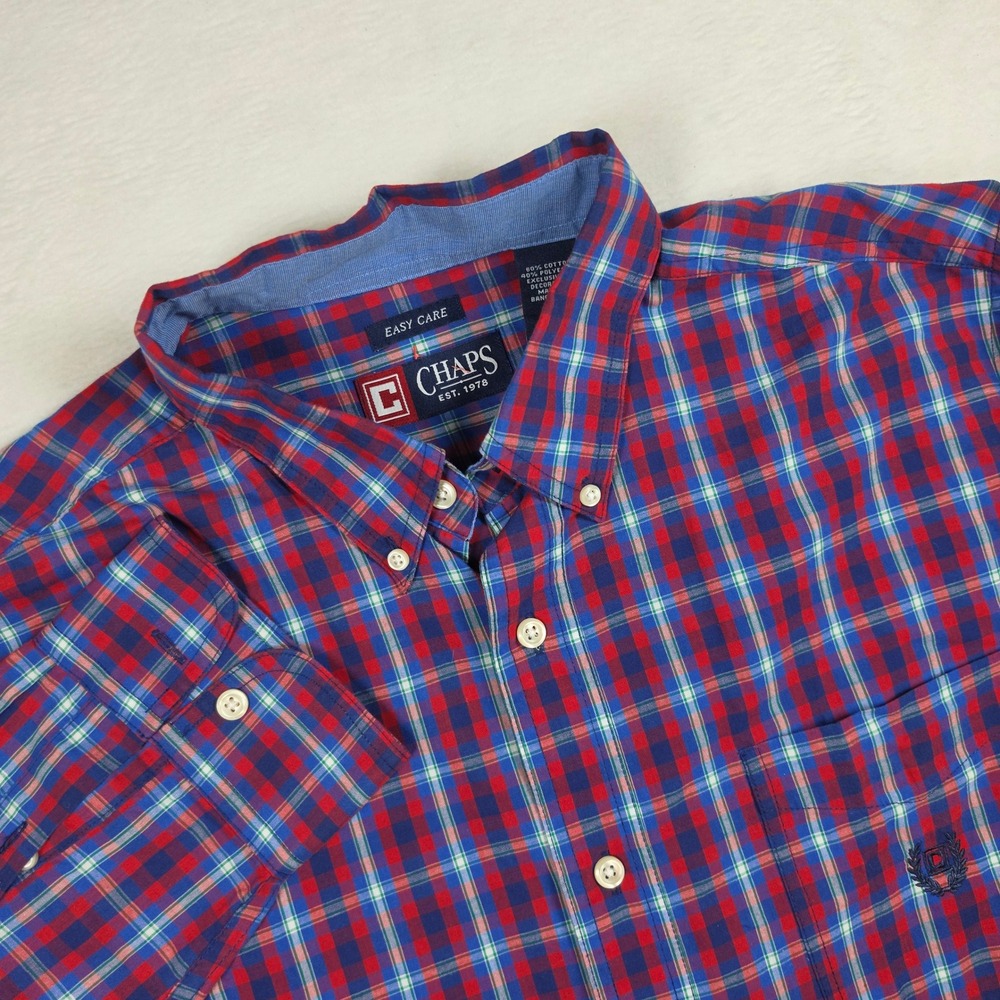 Chaps Easy Care Mens Large Plaid Button Down Shirt Red Blue Long Sleeve L‎